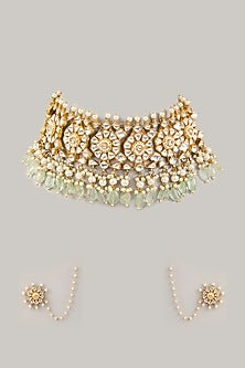 Gold Finish Pachi Kundan Polki & Fluorite Choker Necklace Set