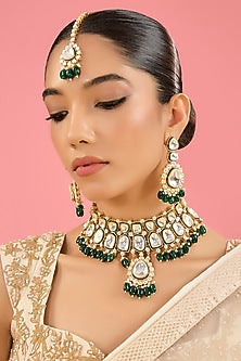 Gold Finish Kundan Polki & Emerald Bead Choker Necklace Set