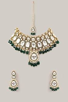 Gold Finish Kundan Polki & Emerald Bead Choker Necklace Set