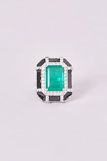 White Finish Emerald & Zircon Hand Painted Black Enamelled Ring