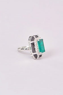 White Finish Emerald & Zircon Hand Painted Black Enamelled Ring