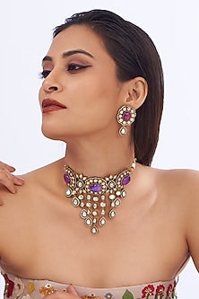 White Finish Kundan Polki and purple choker Necklace Set