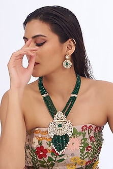 White Finish Green Kundan Polki Long Necklace Set
