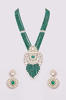 White Finish Green Kundan Polki Long Necklace Set