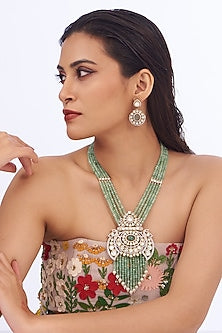 White Finish Mint Green Kundan Polki Long Necklace Set