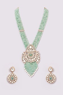 White Finish Mint Green Kundan Polki Long Necklace Set