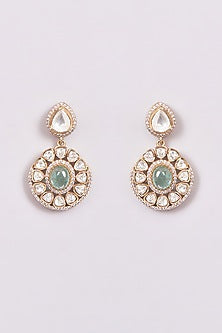 White Finish Mint Green Kundan Polki Long Necklace Set