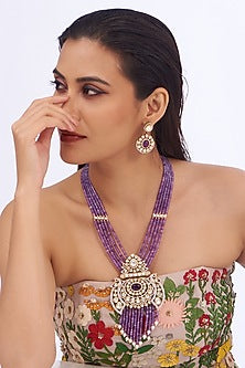 White Finish Purple Kundan Polki Long Necklace Set