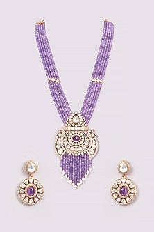 White Finish Purple Kundan Polki Long Necklace Set