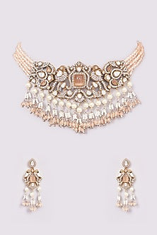 White Finish Kundan Polki & Peach Beaded Choker Necklace Set