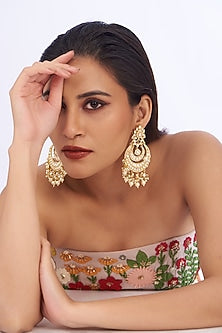 Gold Finish Kundan Polki Chandbali Earrings