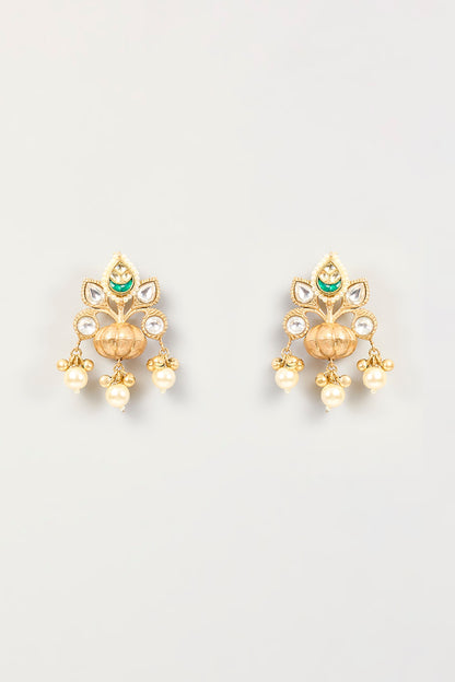Gold Finish Kundan Polki & Pearl Dangler Earrings