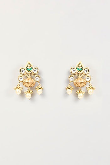 Gold Finish Kundan Polki & Pearl Dangler Earrings