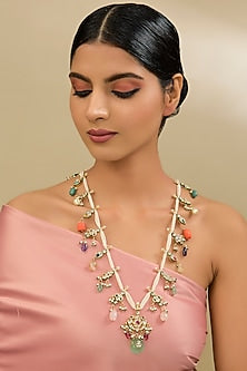 Gold Finish Kundan Polki & Semi-Precious Beaded Necklace Set