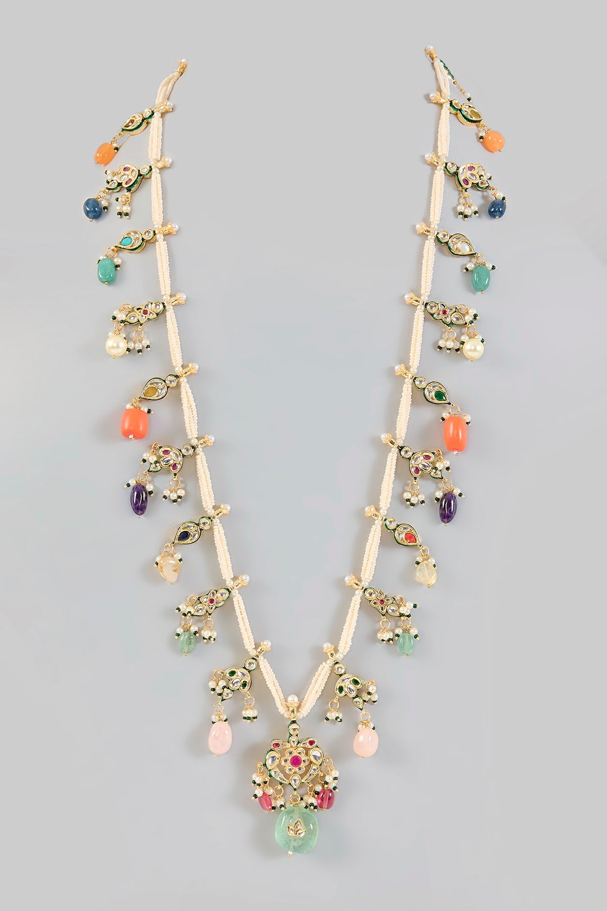 Gold Finish Kundan Polki & Semi-Precious Beaded Necklace Set
