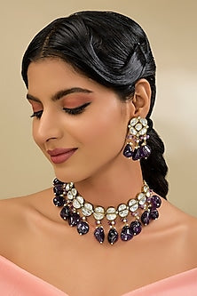 Two Tone Finish Kundan Polki & Tumble Beaded Choker Necklace Set