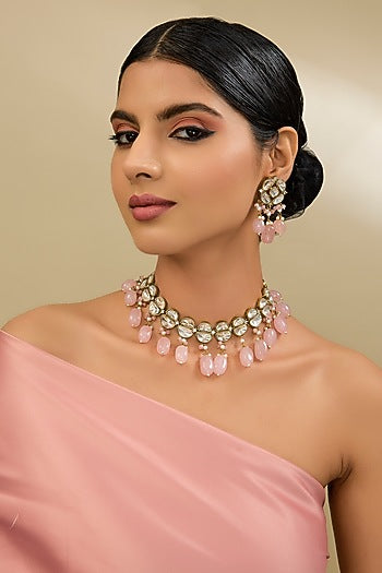 Two Tone Finish Kundan Polki & Tumble Beaded Choker Necklace Set