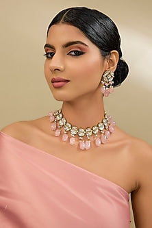 Two Tone Finish Kundan Polki & Tumble Beaded Choker Necklace Set