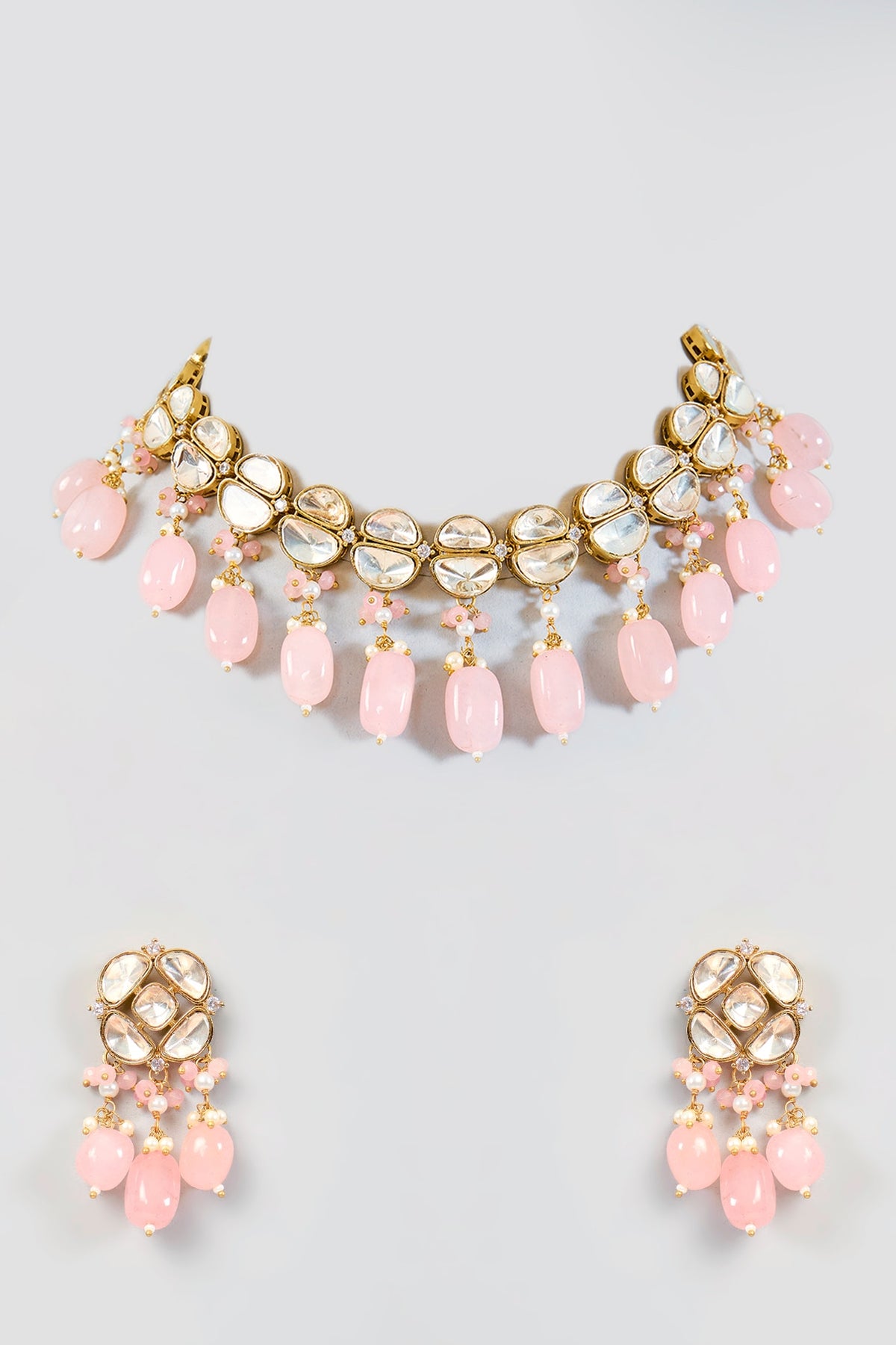 Two Tone Finish Kundan Polki & Tumble Beaded Choker Necklace Set