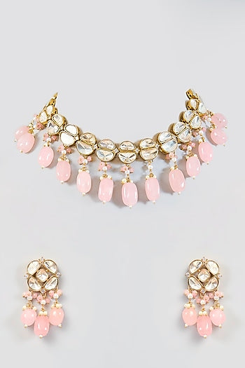 Two Tone Finish Kundan Polki & Tumble Beaded Choker Necklace Set