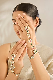Gold Finish Kundan Polki & Floral Motifs Hand Harness (Set Of 2)