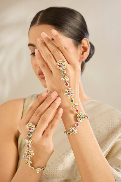 Gold Finish Kundan Polki & Floral Motifs Hand Harness (Set Of 2)