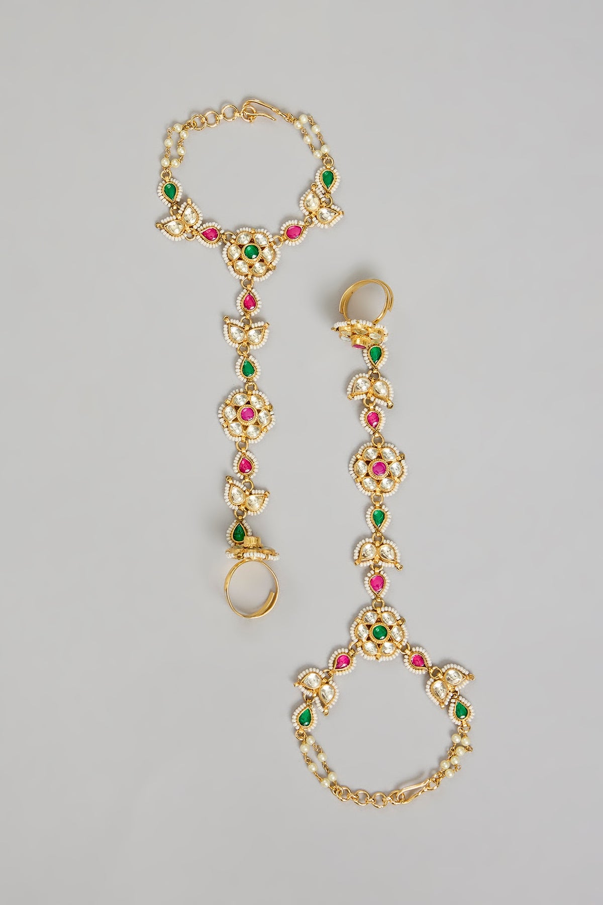 Gold Finish Kundan Polki & Floral Motifs Hand Harness (Set Of 2)