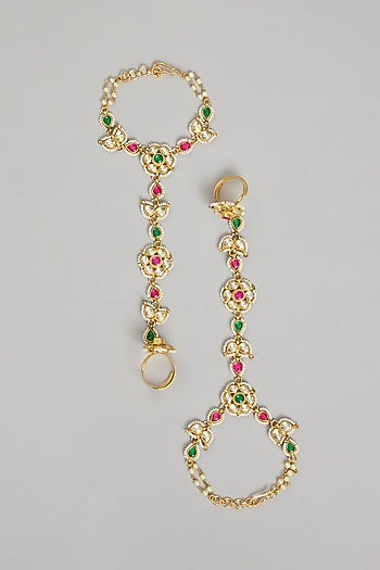 Gold Finish Kundan Polki & Floral Motifs Hand Harness (Set Of 2)