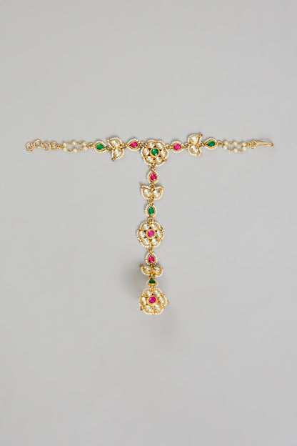 Gold Finish Kundan Polki & Floral Motifs Hand Harness (Set Of 2)