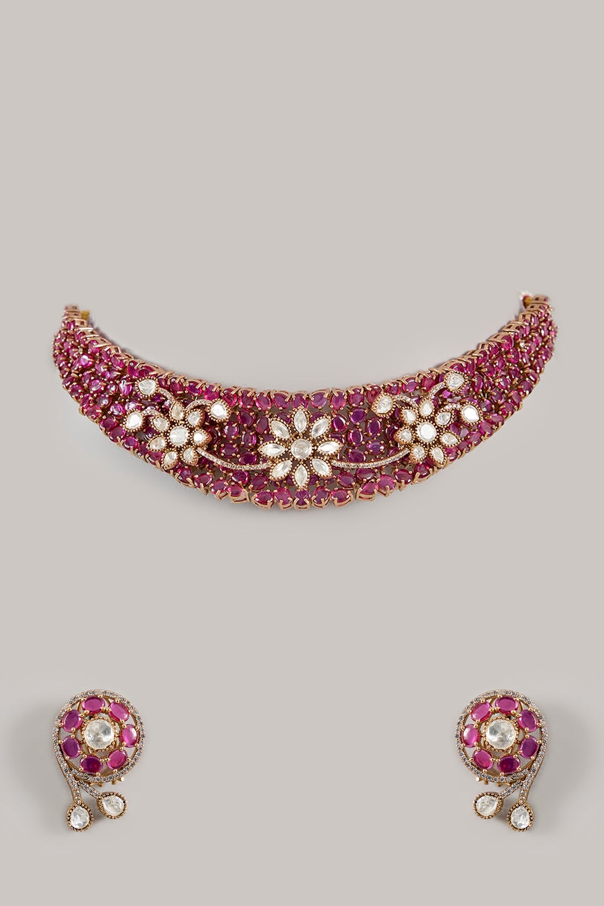 White Finish Kundan Polki & Ruby Stone Choker Necklace Set