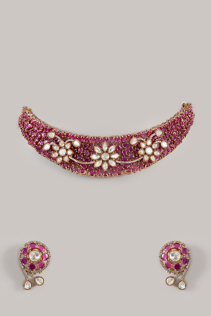 White Finish Kundan Polki & Ruby Stone Choker Necklace Set