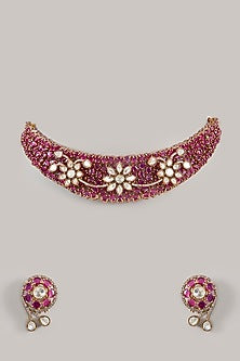 White Finish Kundan Polki & Ruby Stone Choker Necklace Set