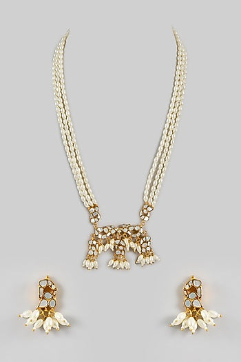Gold Finish Kundan Polki & Mother Of Pearl Necklace Set