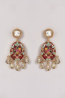 Gold Finish Red Kundan Polki & Stone Dangler Earrings
