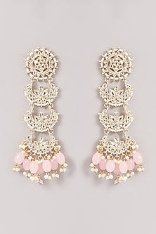 Gold Finish Kundan Polki & Pink Beaded Dangler Earrings