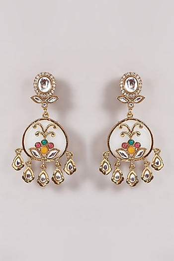 Gold Finish White Kundan Polki & Stone Dangler Earrings