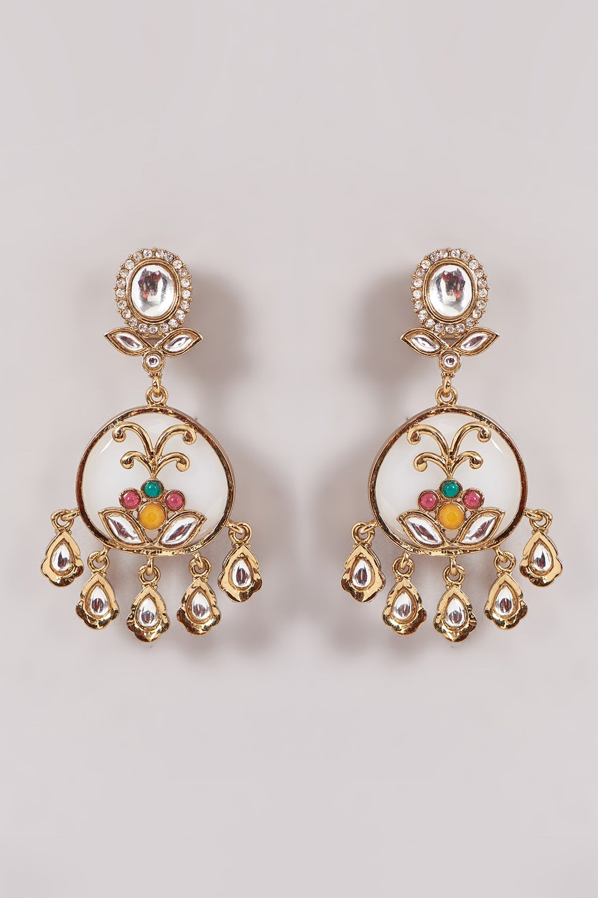 Gold Finish White Kundan Polki & Stone Dangler Earrings
