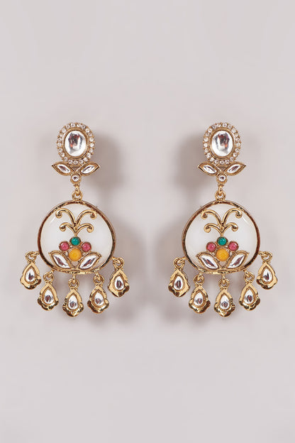 Gold Finish White Kundan Polki & Stone Dangler Earrings