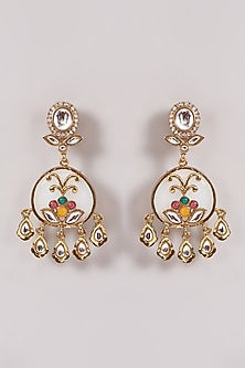 Gold Finish White Kundan Polki & Stone Dangler Earrings