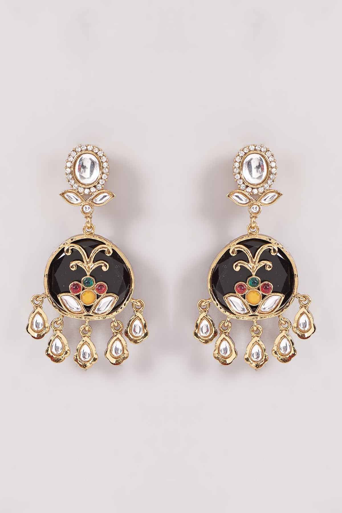Gold Finish Black Kundan Polki & Stone Dangler Earrings