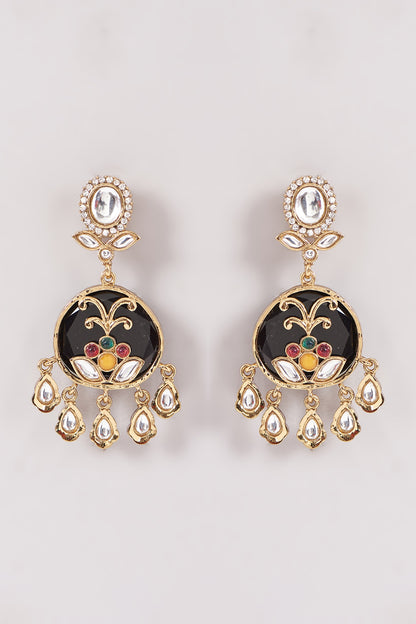 Gold Finish Black Kundan Polki & Stone Dangler Earrings