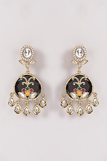 Gold Finish Black Kundan Polki & Stone Dangler Earrings