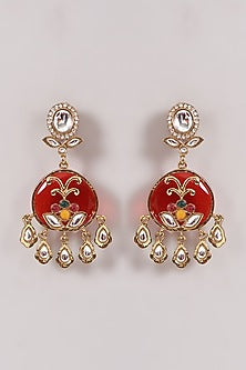 Gold Finish Red Kundan Polki & Stone Dangler Earrings