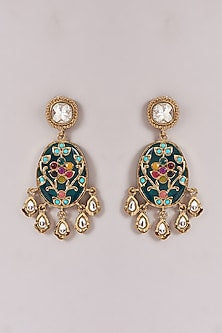 Gold Finish Multi-Colored Kundan Polki & Stone Dangler Earrings
