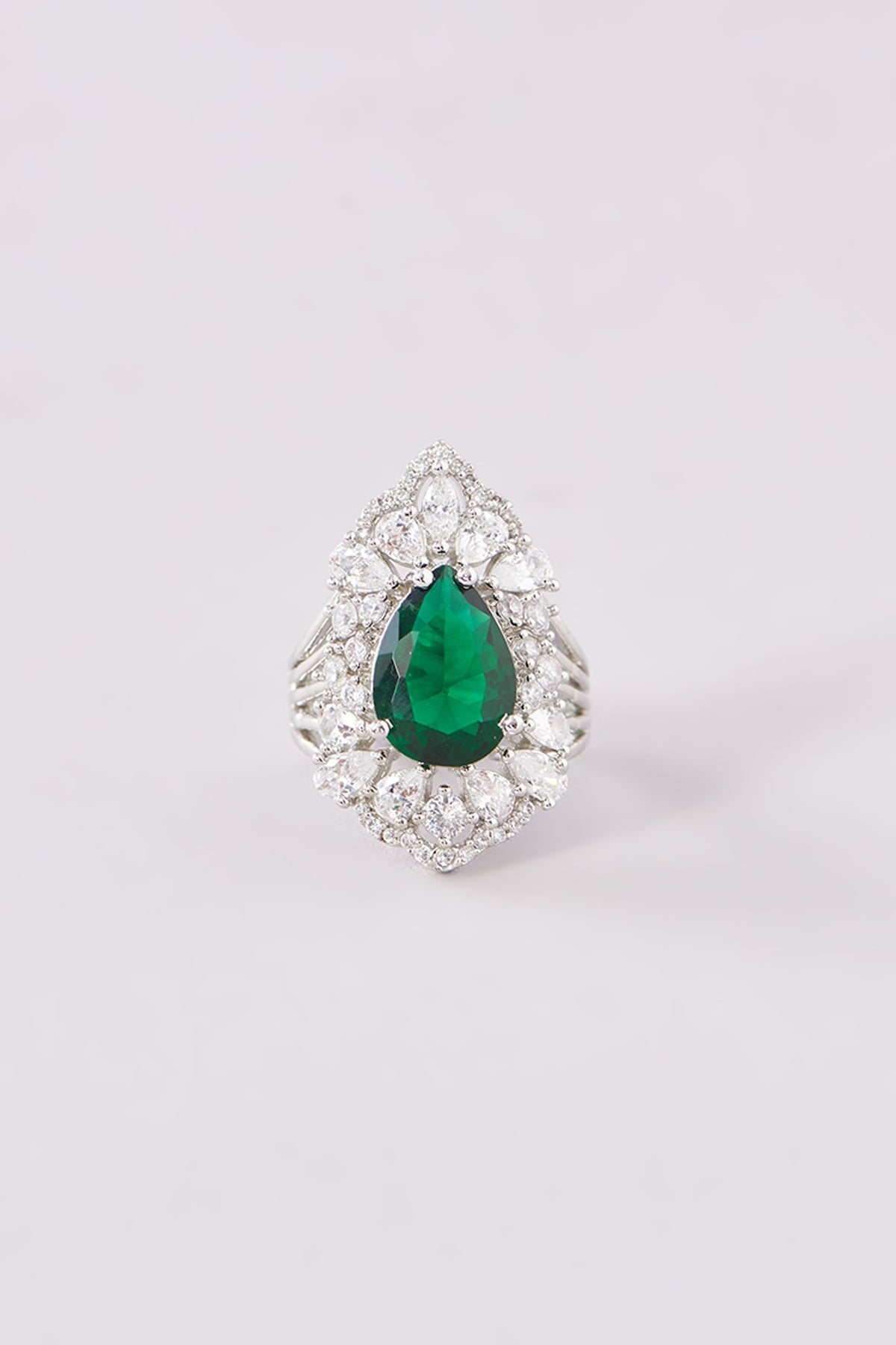 White Finish Zircon & Emerald Ring