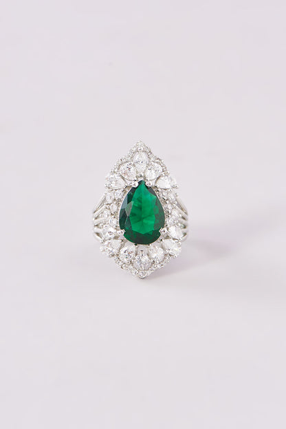 White Finish Zircon & Emerald Ring
