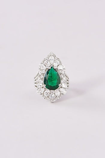 White Finish Zircon & Emerald Ring