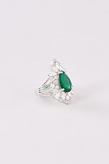 White Finish Zircon & Emerald Ring