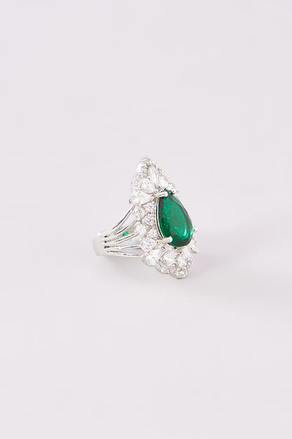 White Finish Zircon & Emerald Ring