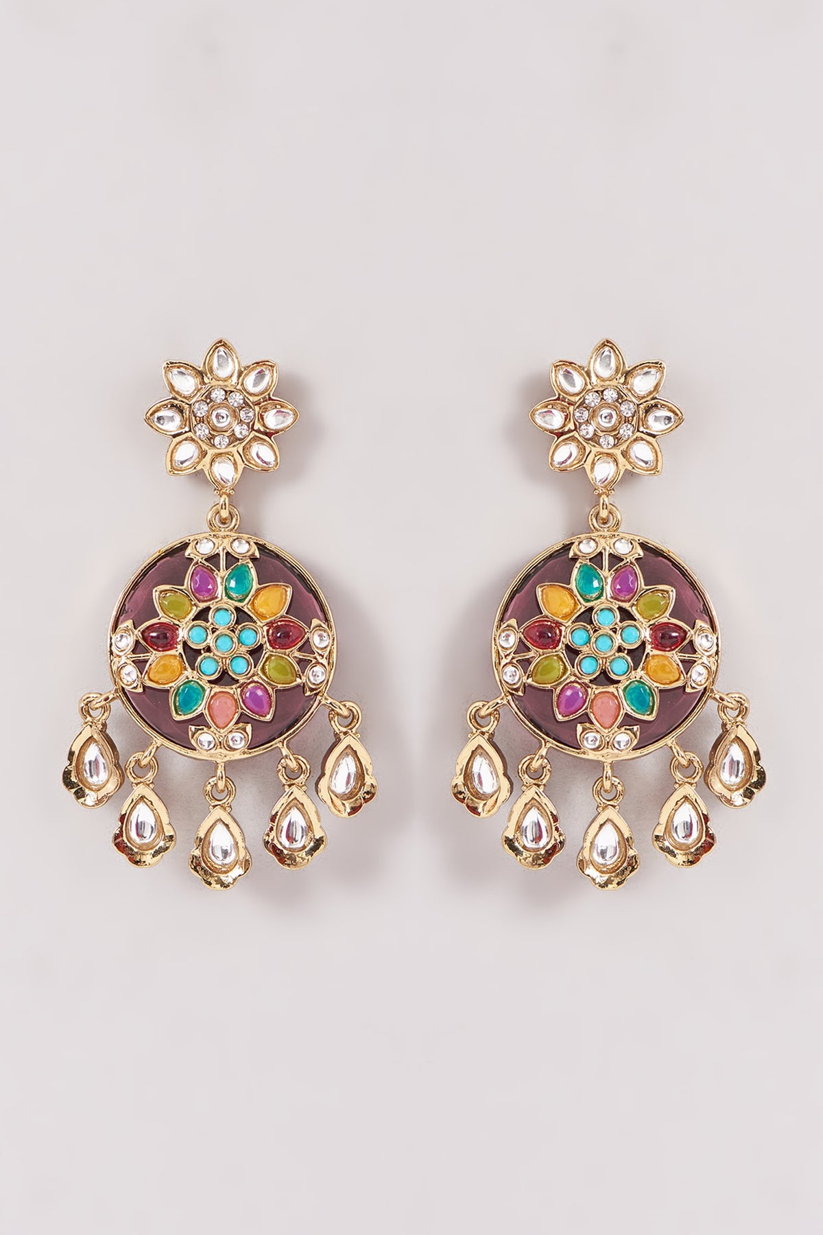 Gold Finish Multi-Colored Kundan Polki & Stone Dangler Earrings